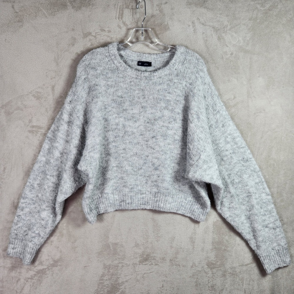 GAP Sweater Womens‎ Small Gray Cropped Oversized Batwing Wool Blend Crew Neck